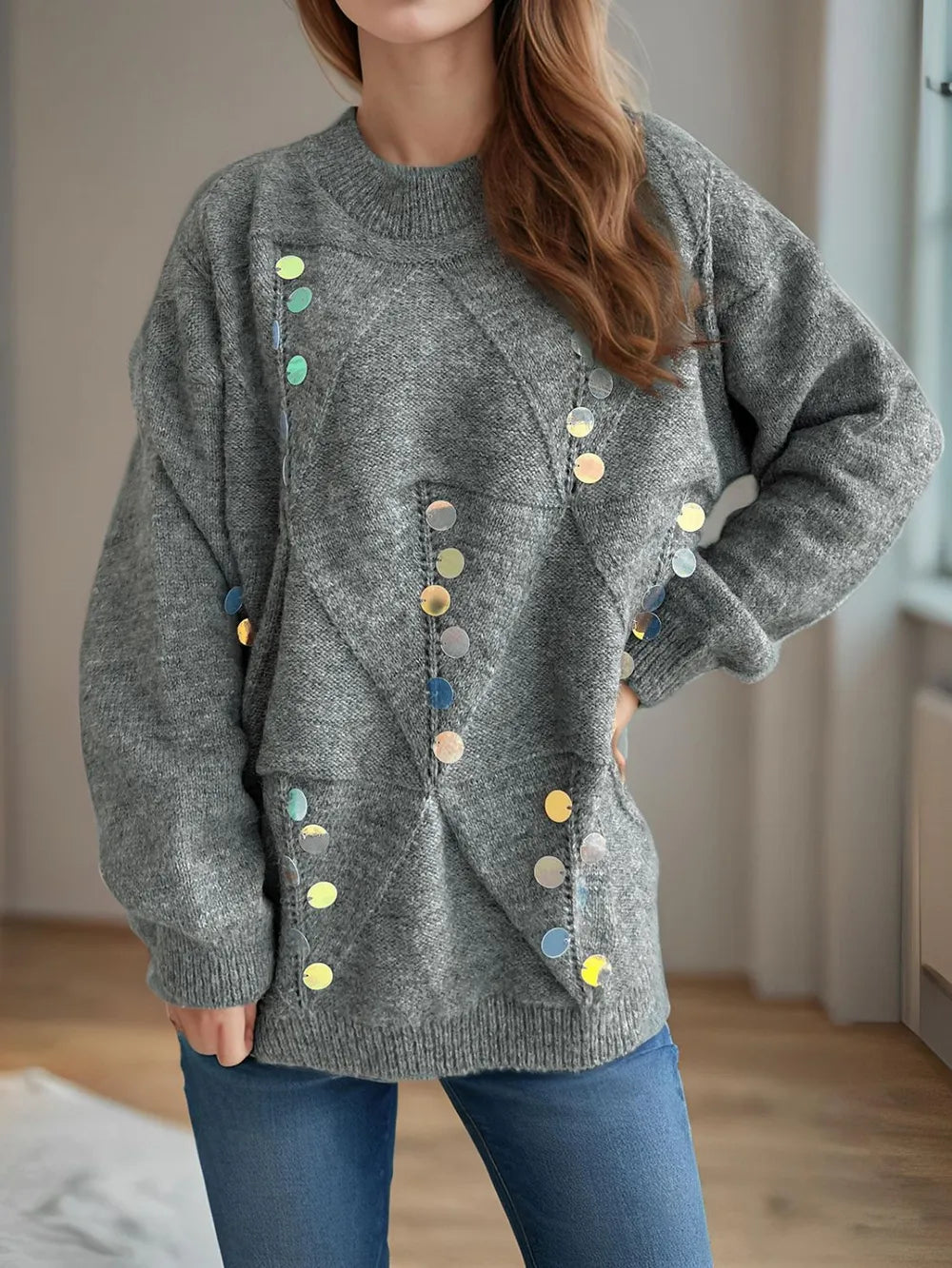 Sequin Mock Neck Long Sleeve Sweater side view
