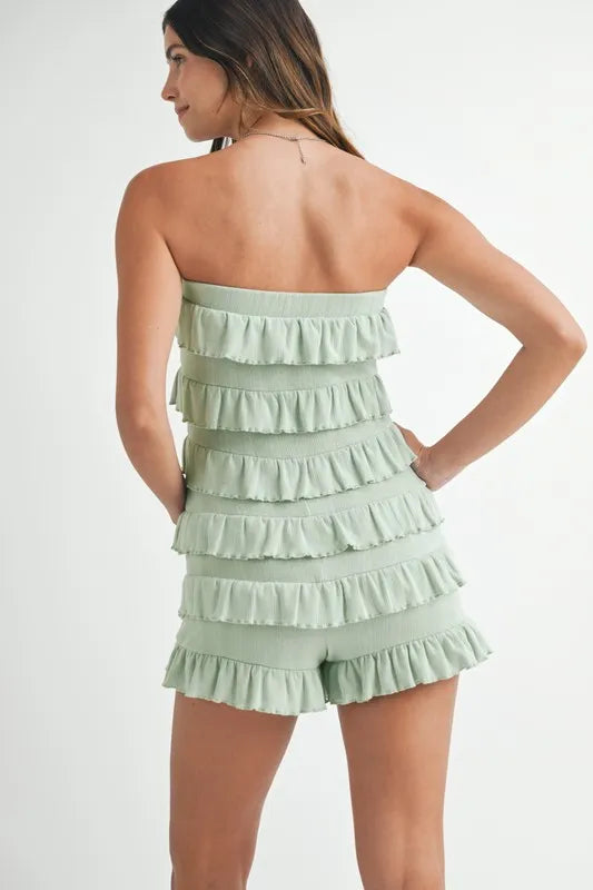 Pointelle Knit Fabric Ruffled Tube Romper styled look