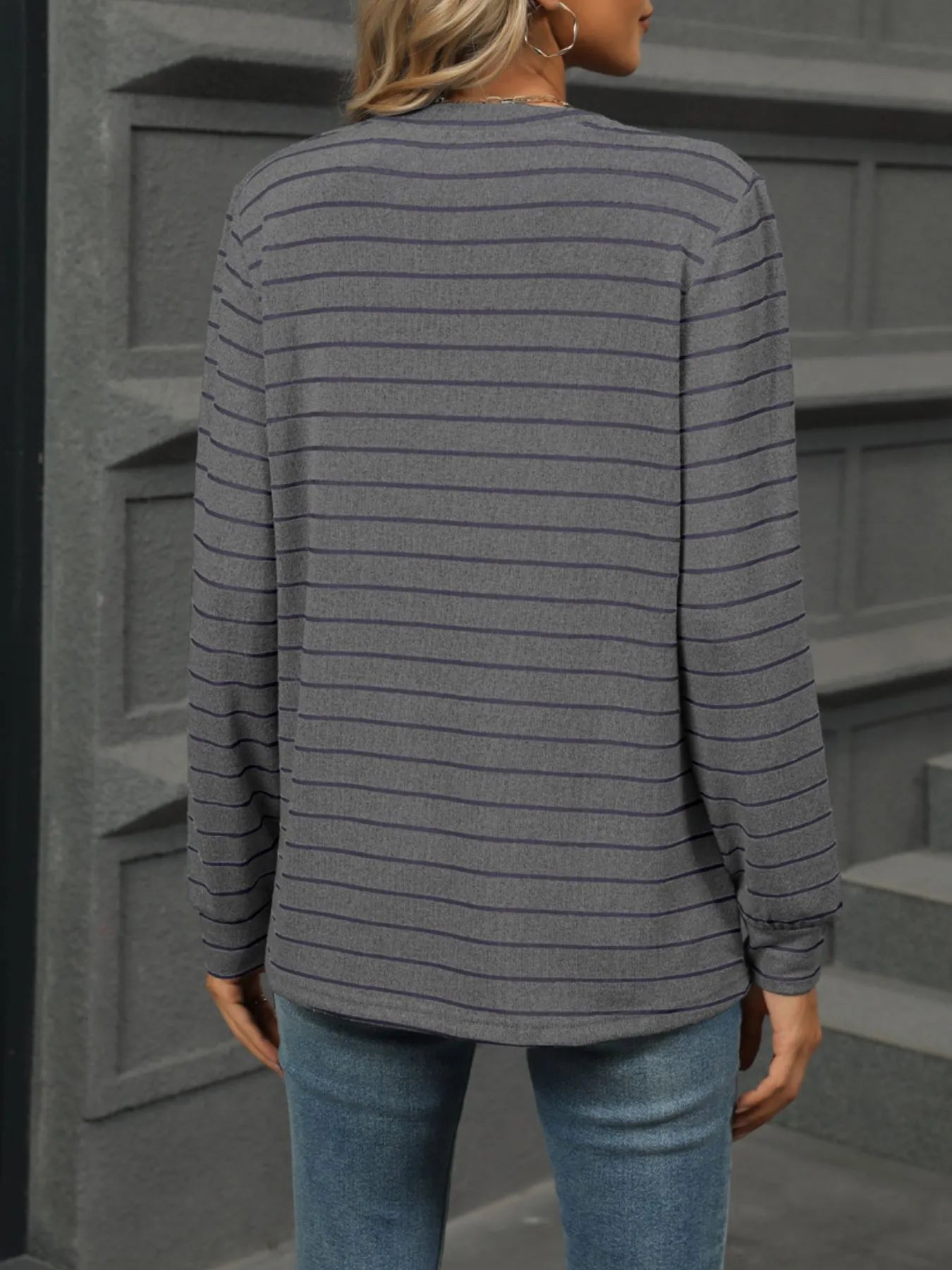 Striped Henley T-Shirt with Button Detail - Fashorio