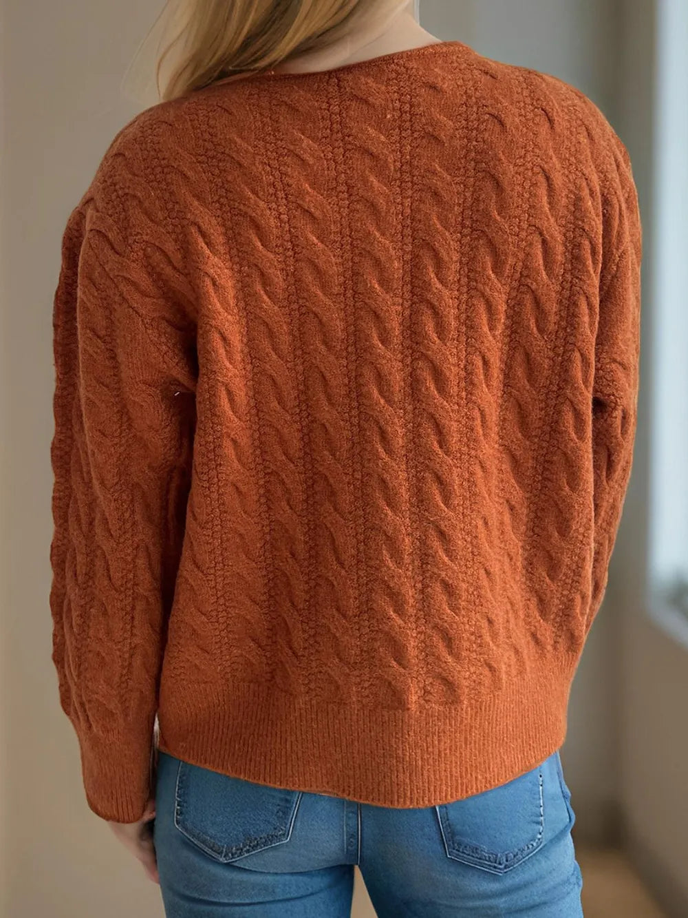 Cable-Knit Round Neck Long Sleeve Cardigan - Fashorio