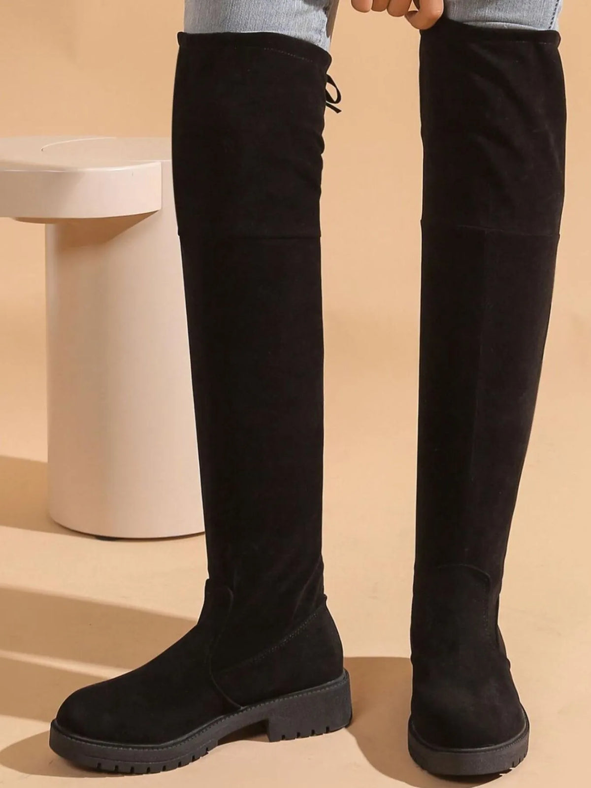 black black over the knee block heel boots front view