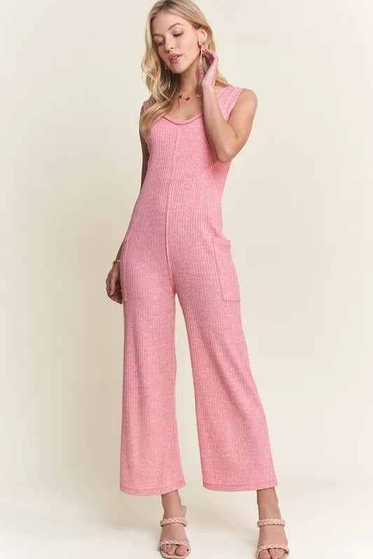 Ribbed V Neck Wide Leg Jumpsuit with Pockets on model