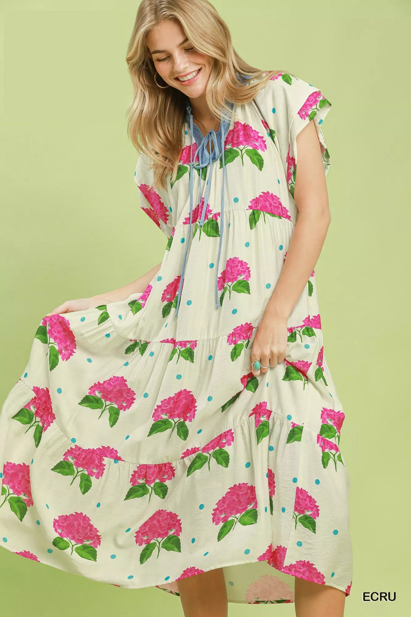 Hydrangea Print Tiered Midi Dress