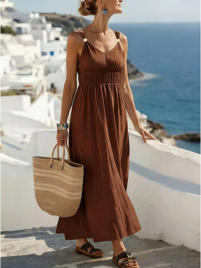 V neck sleeveless maxi dress in brown, front view