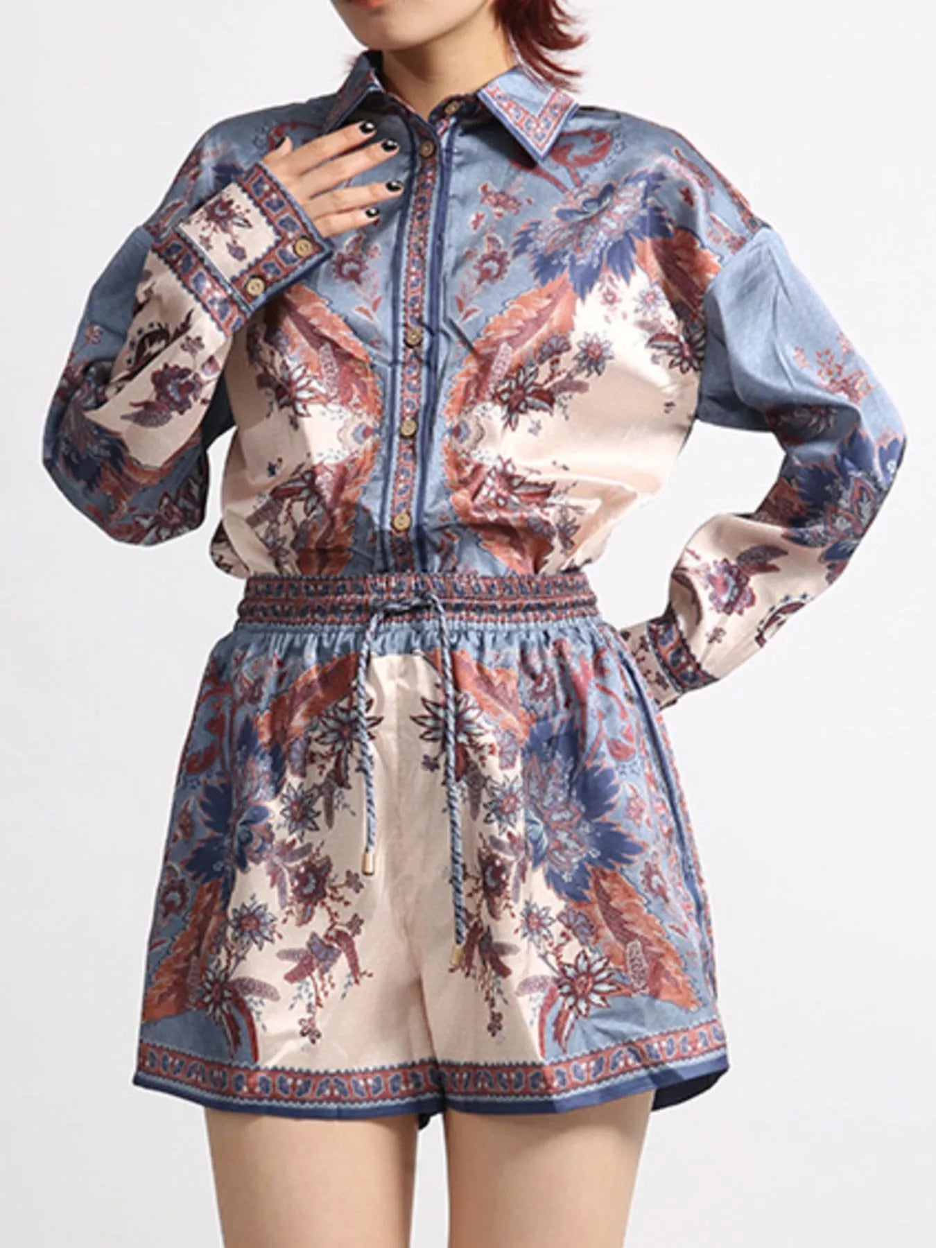 Printed Button Front Long Sleeve Shirt and Shorts Set Multicolor - Fashorio