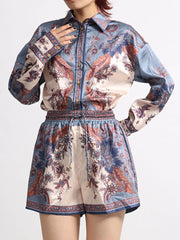 Printed Button Front Long Sleeve Shirt and Shorts Set Multicolor - Fashorio