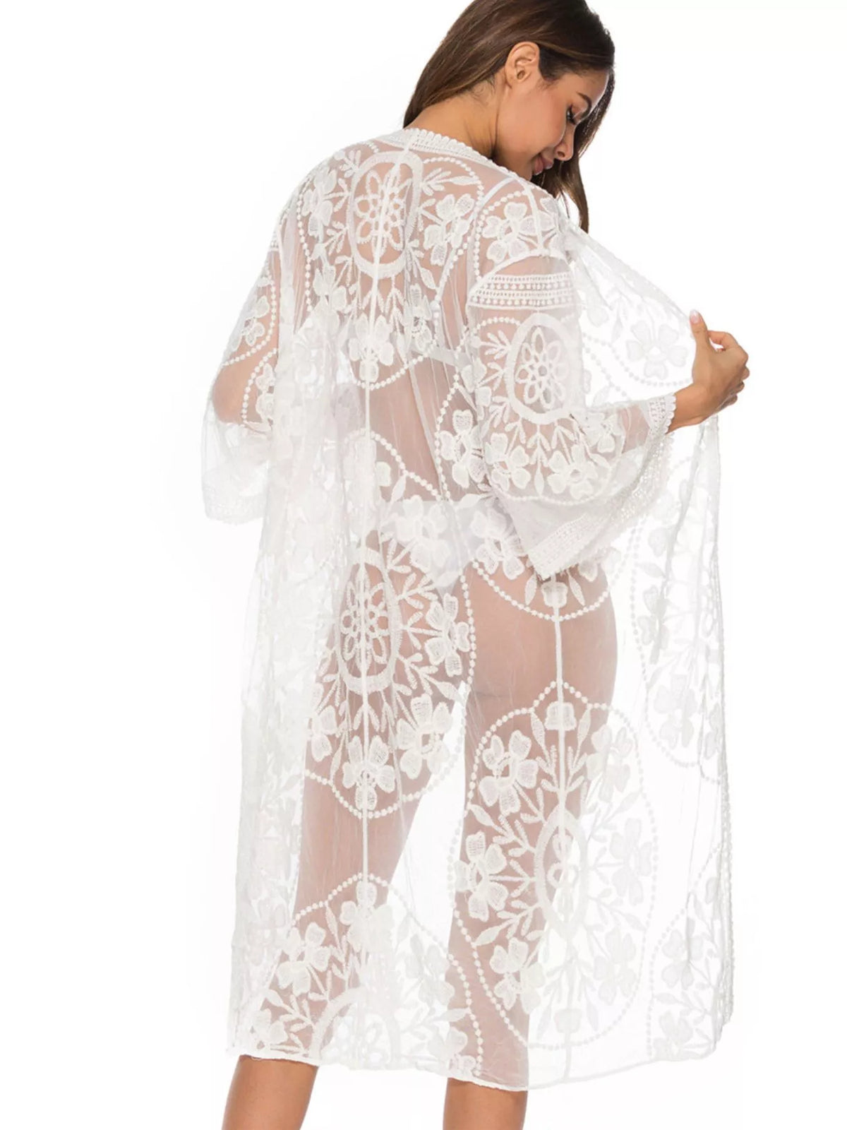 Floral lace sheer kimono cover up front view