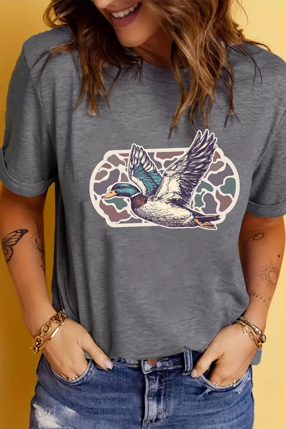 Dark gray graphic round neck short sleeve tee front view