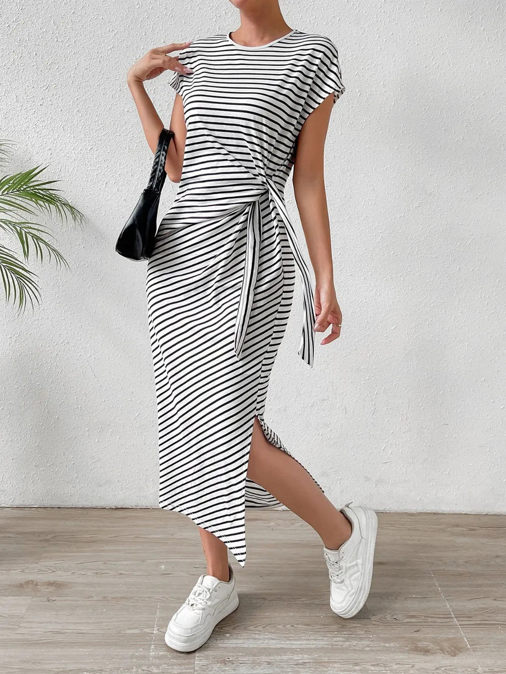 striped round neck short sleeve tee dress skirt movement
