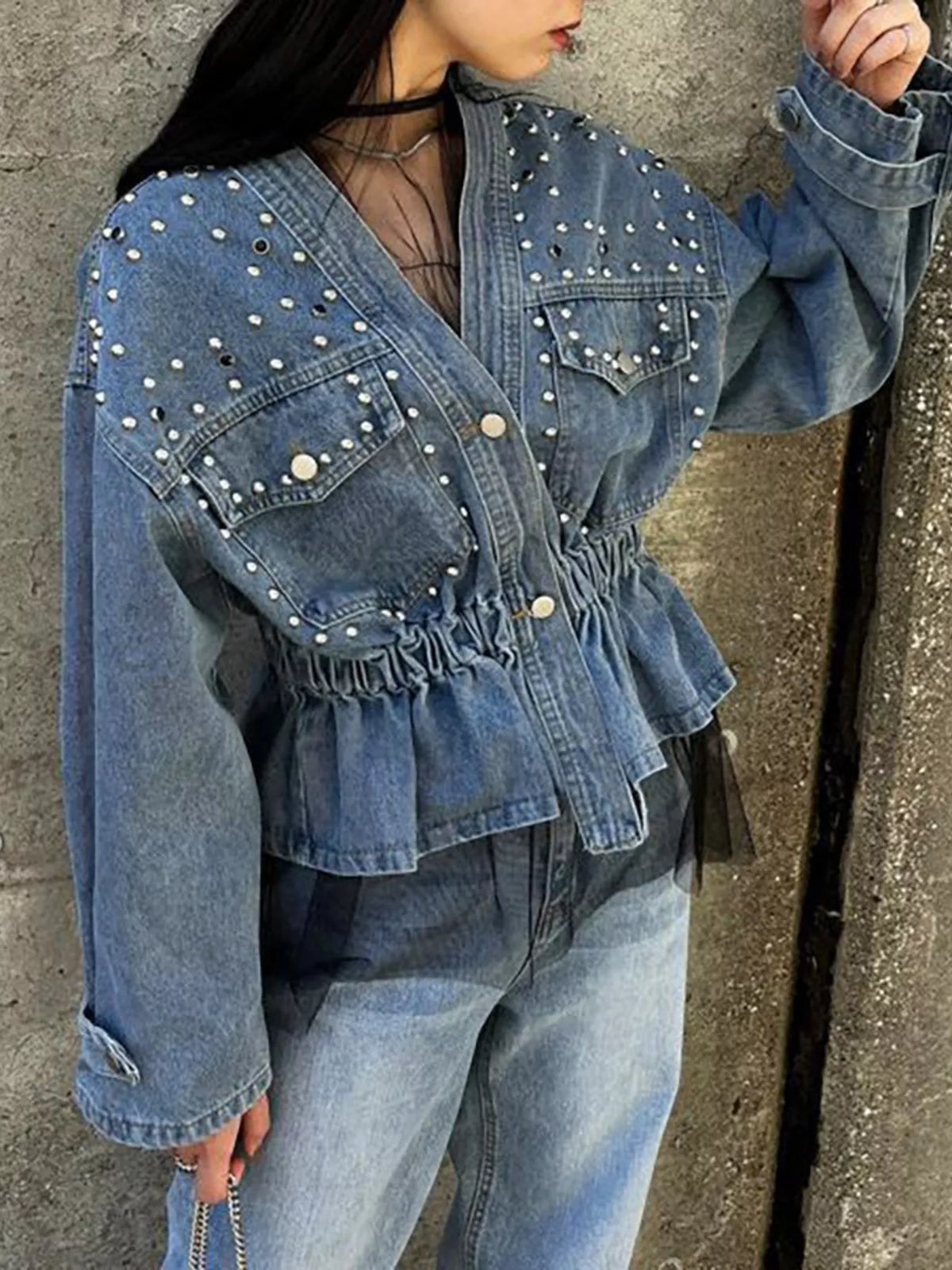 Studded Button Up Denim Jacket in Light Blue
