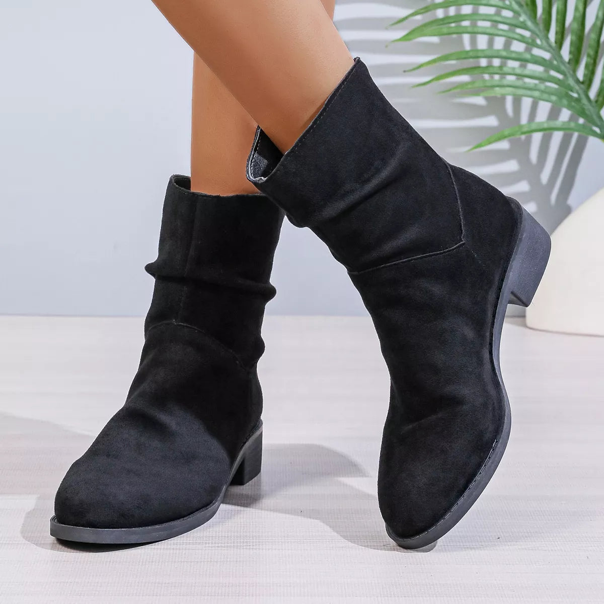 Suede Point Toe Block Heel Boots three quarter view