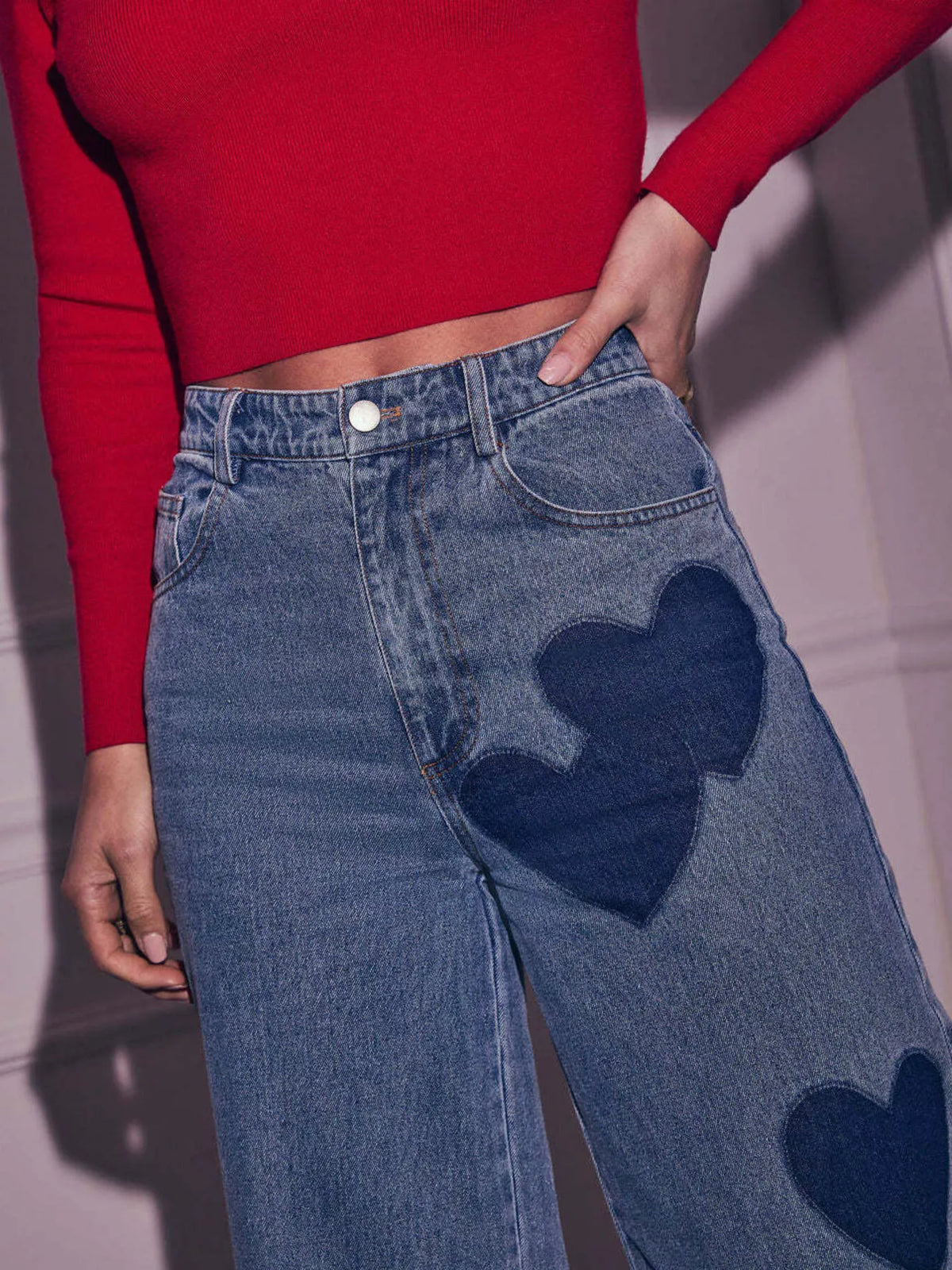 Blue wide leg denim side profile