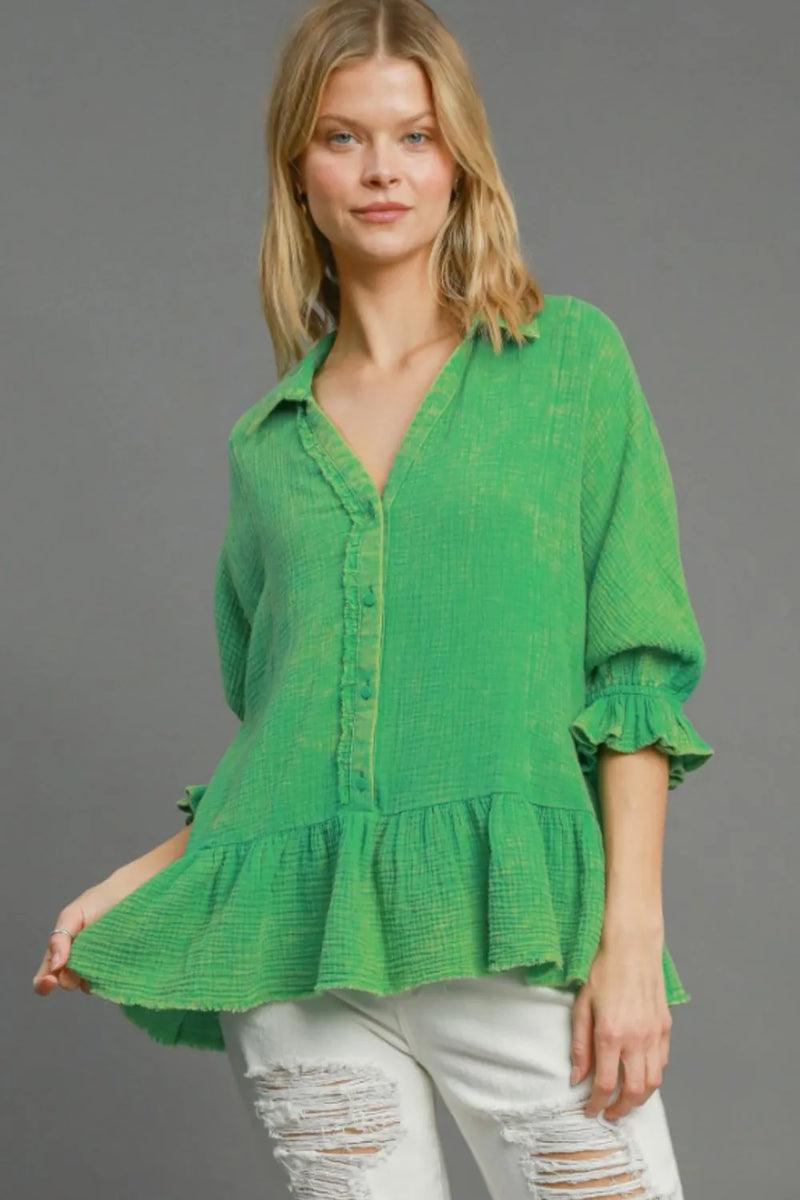 Green mineral washed gauze peplum top front view