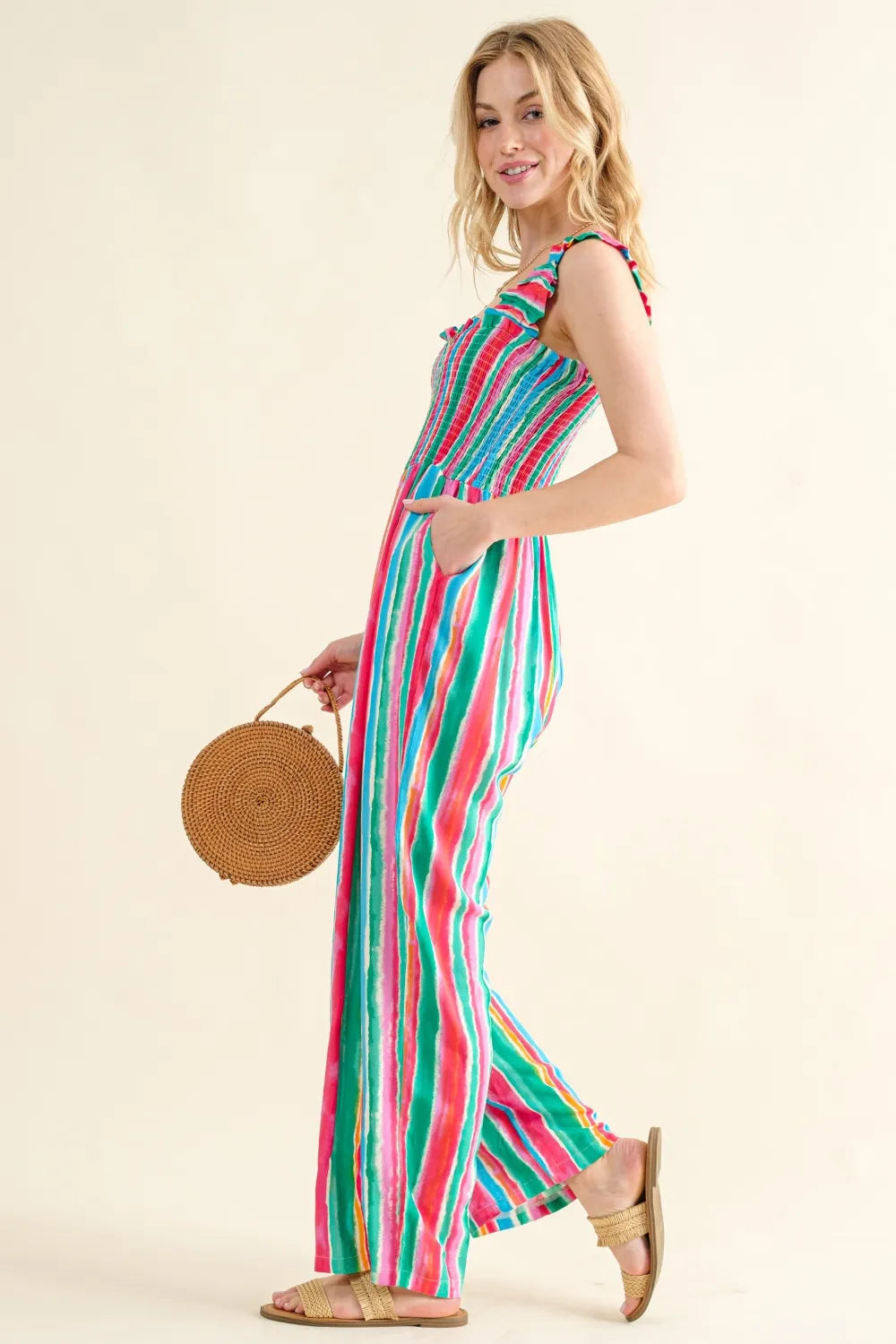 Striped Smocked Sleeveless Jumpsuit side view
