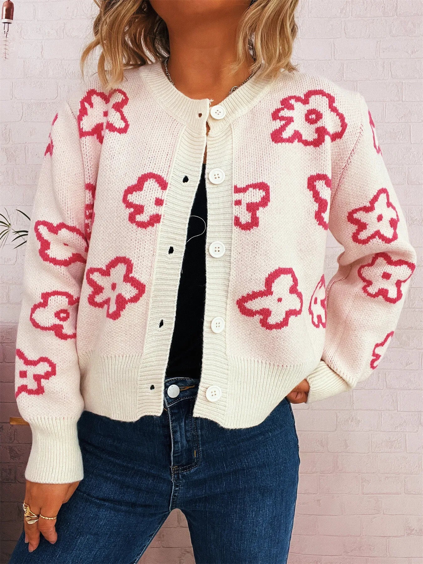 Floral Pattern Button-Up Cardigan - Fashorio