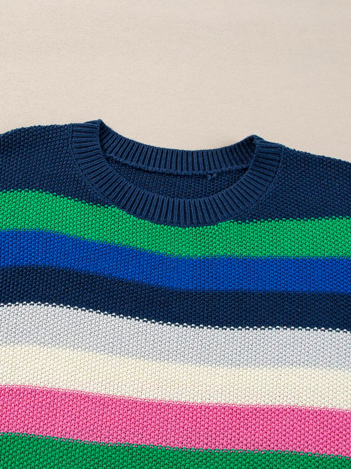 rainbow striped crew neck sweater hem detail