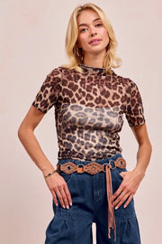 BiBi High Neck Leopard Mesh Short Sleeves Top LEOPARD - Fashorio