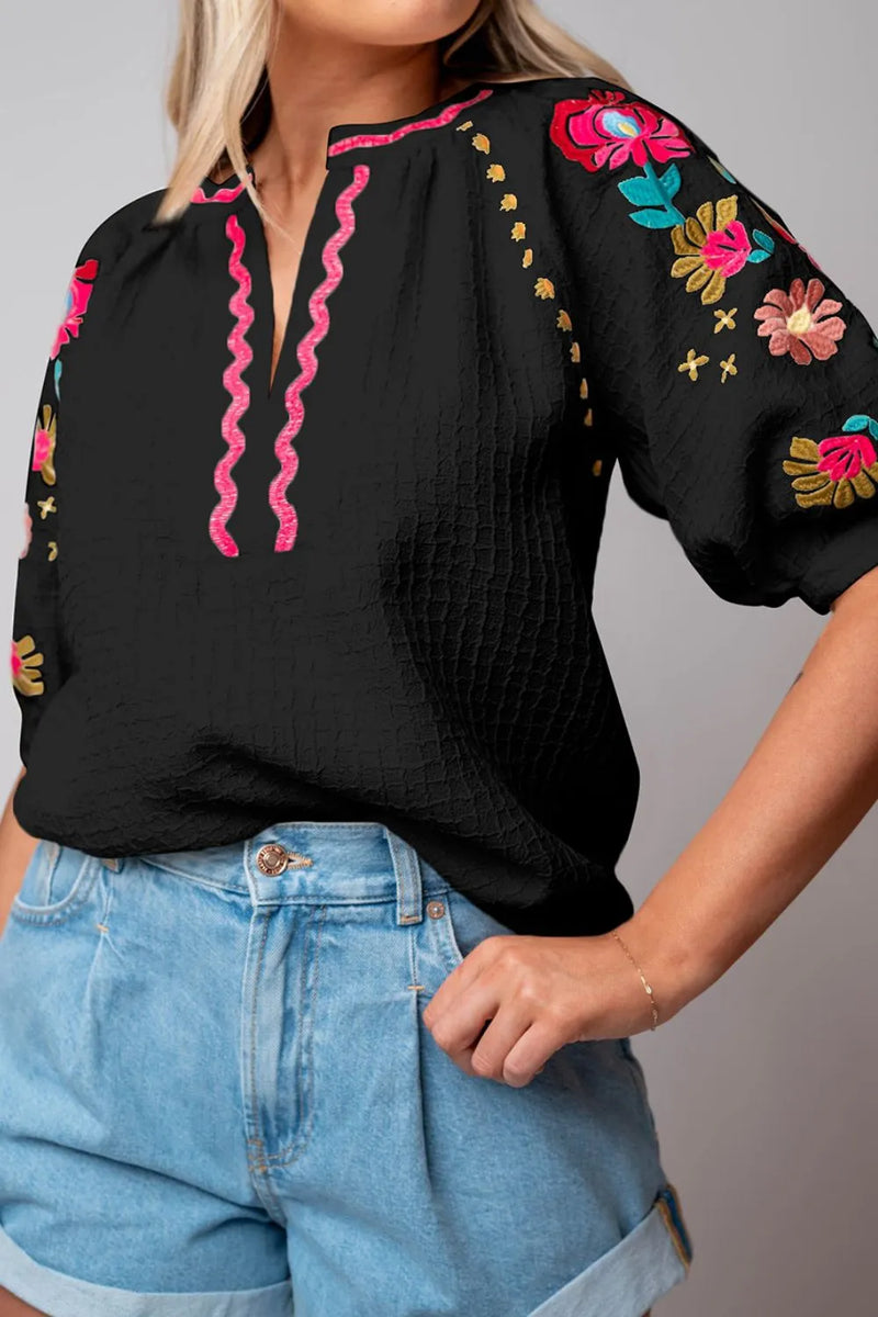 Black floral embroidered puff sleeve blouse front view