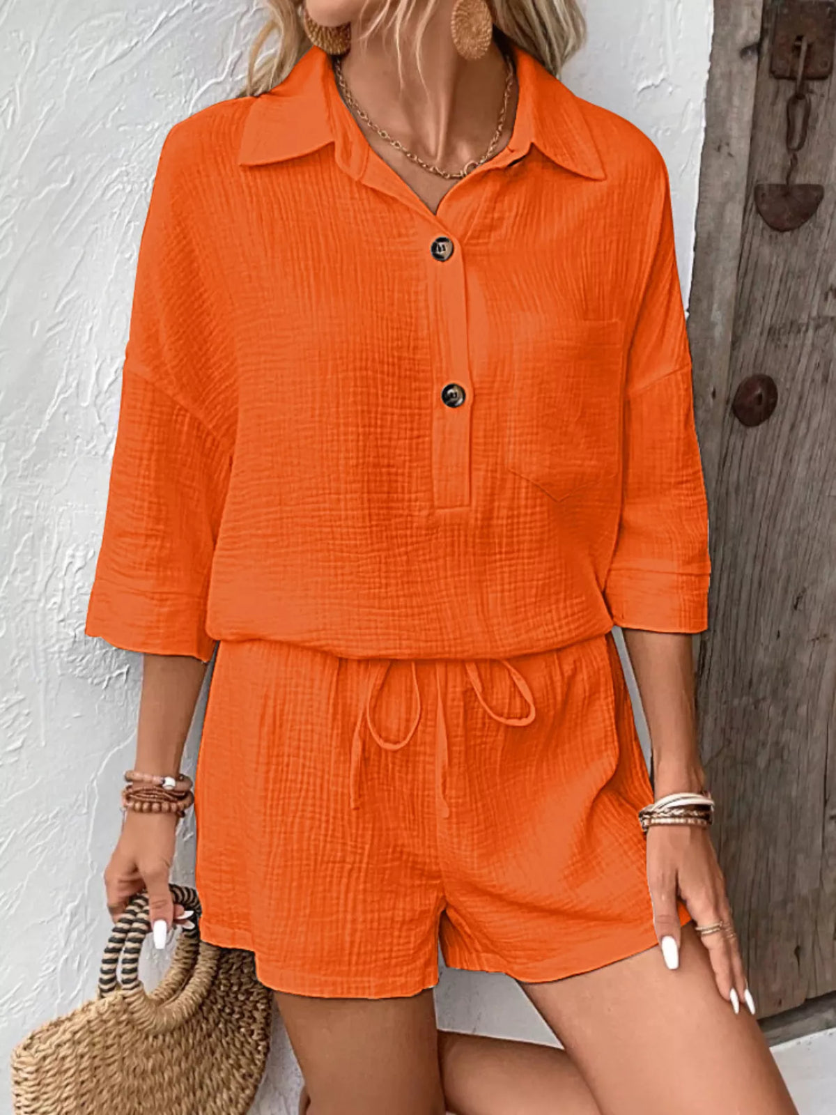 Button detail top and shorts two piece set look