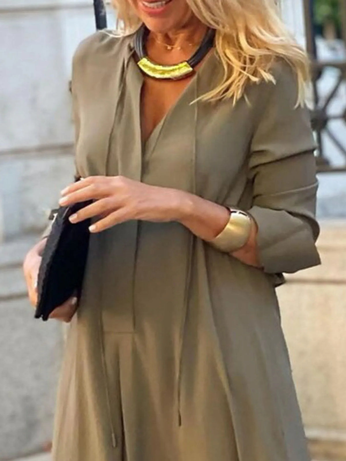 Solid maxi shirt dress three quarter view