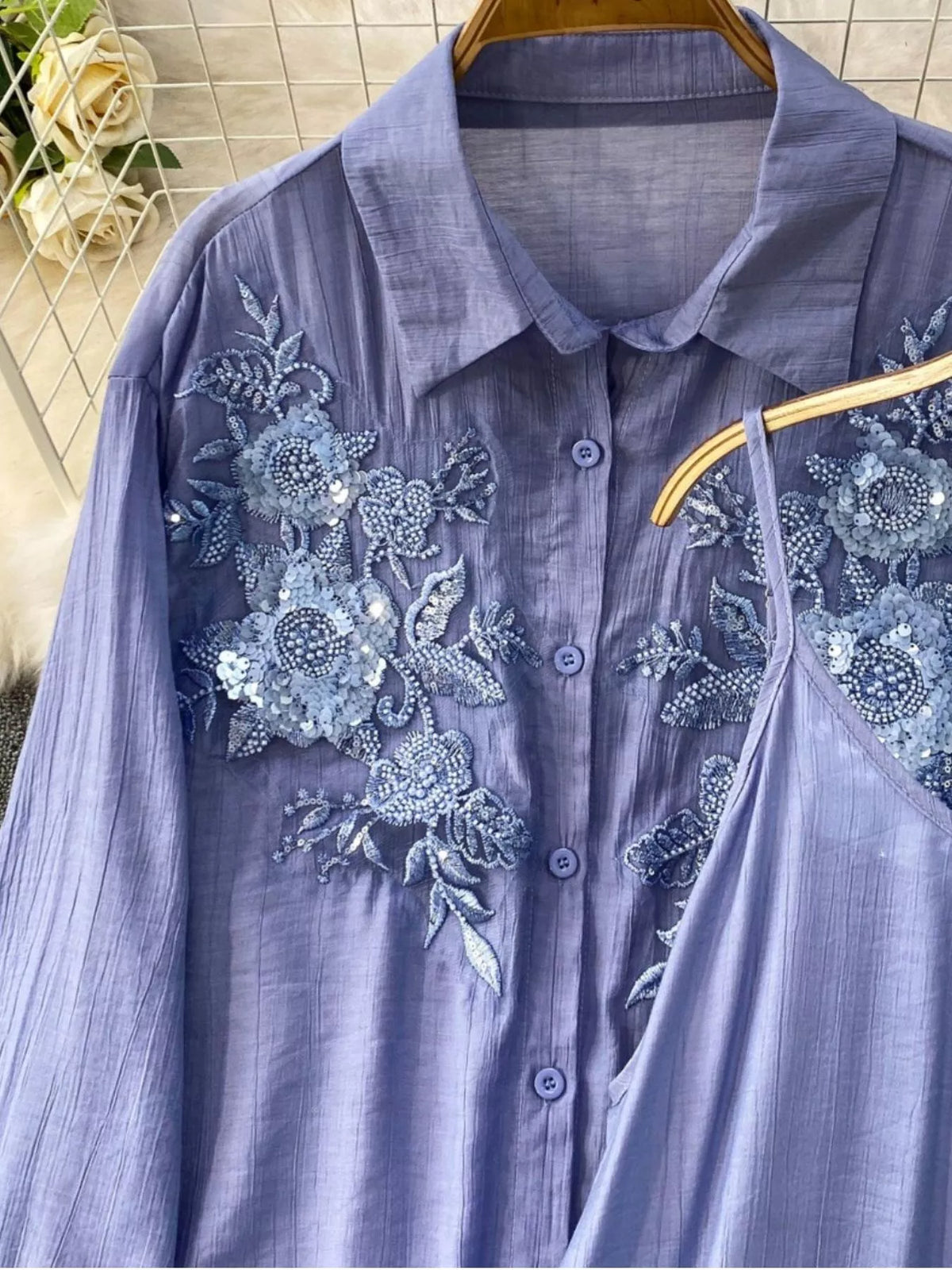 Sequin Flower Button Up Shirt and Cami Dress Set, view 21