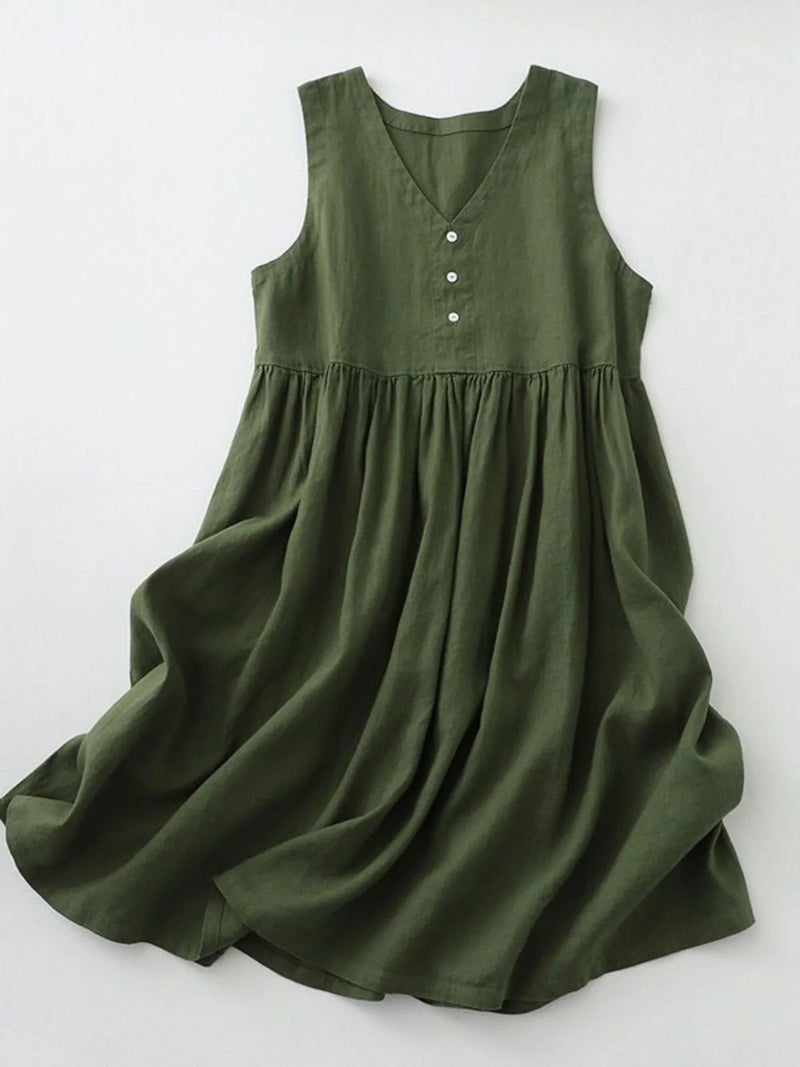 V-neck button detail sleeveless midi dress front