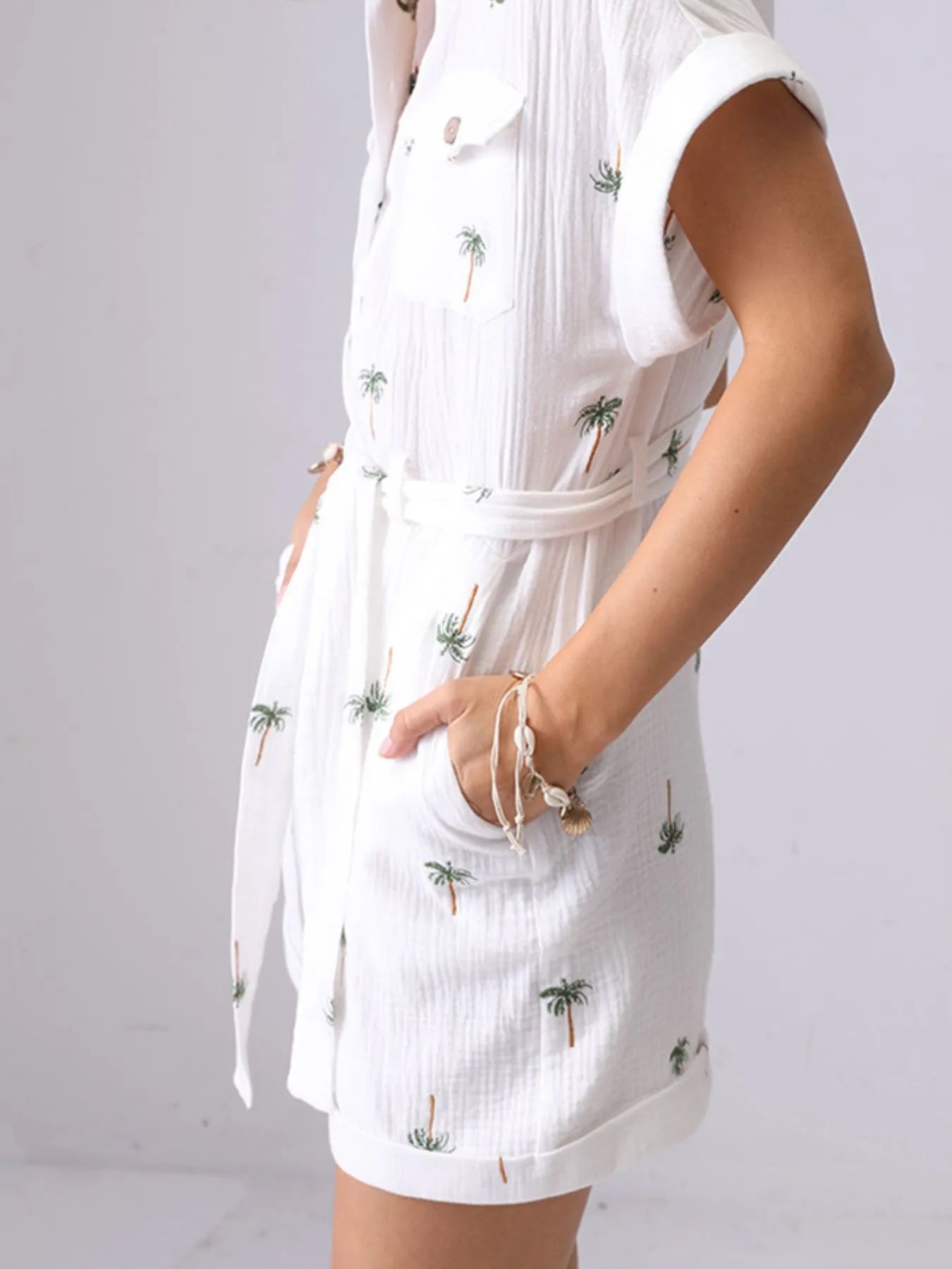 Palm Tree Print Short Sleeve Button-Up Romper with Belt - Fashorio