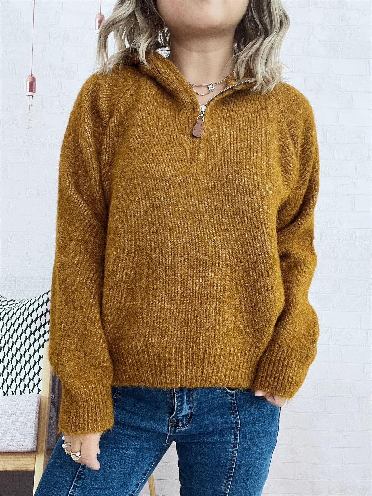 Quarter zip ribbed hem sweater front view