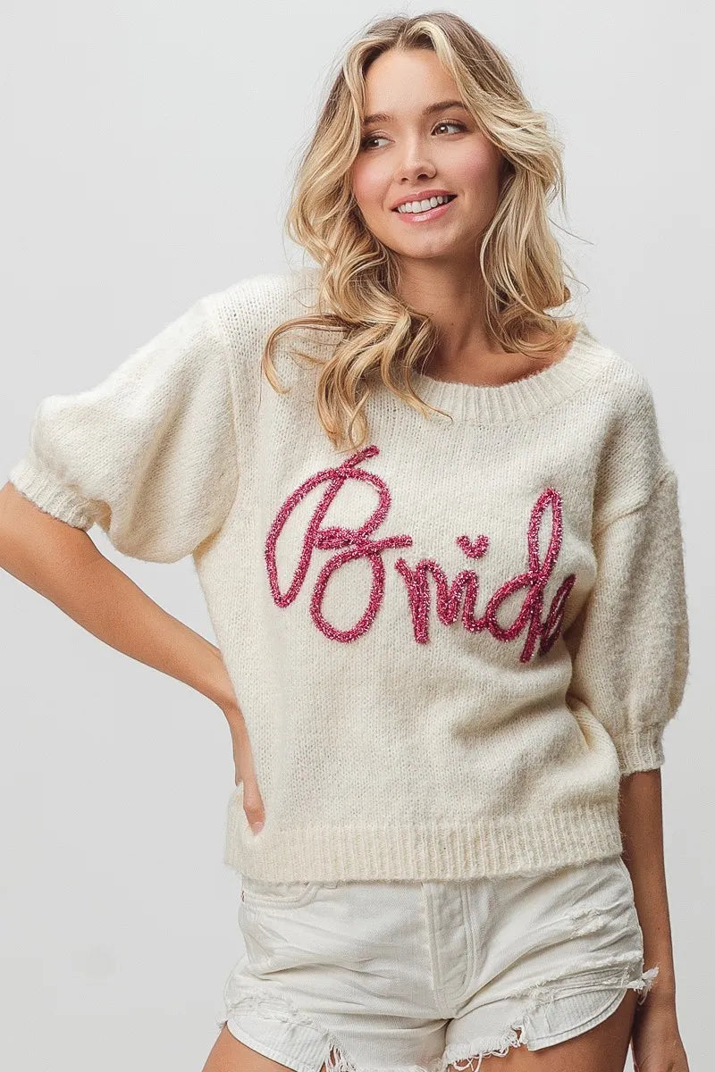 Metallic Letter Fuzzy Puff Sleeve Top in Ivory back view