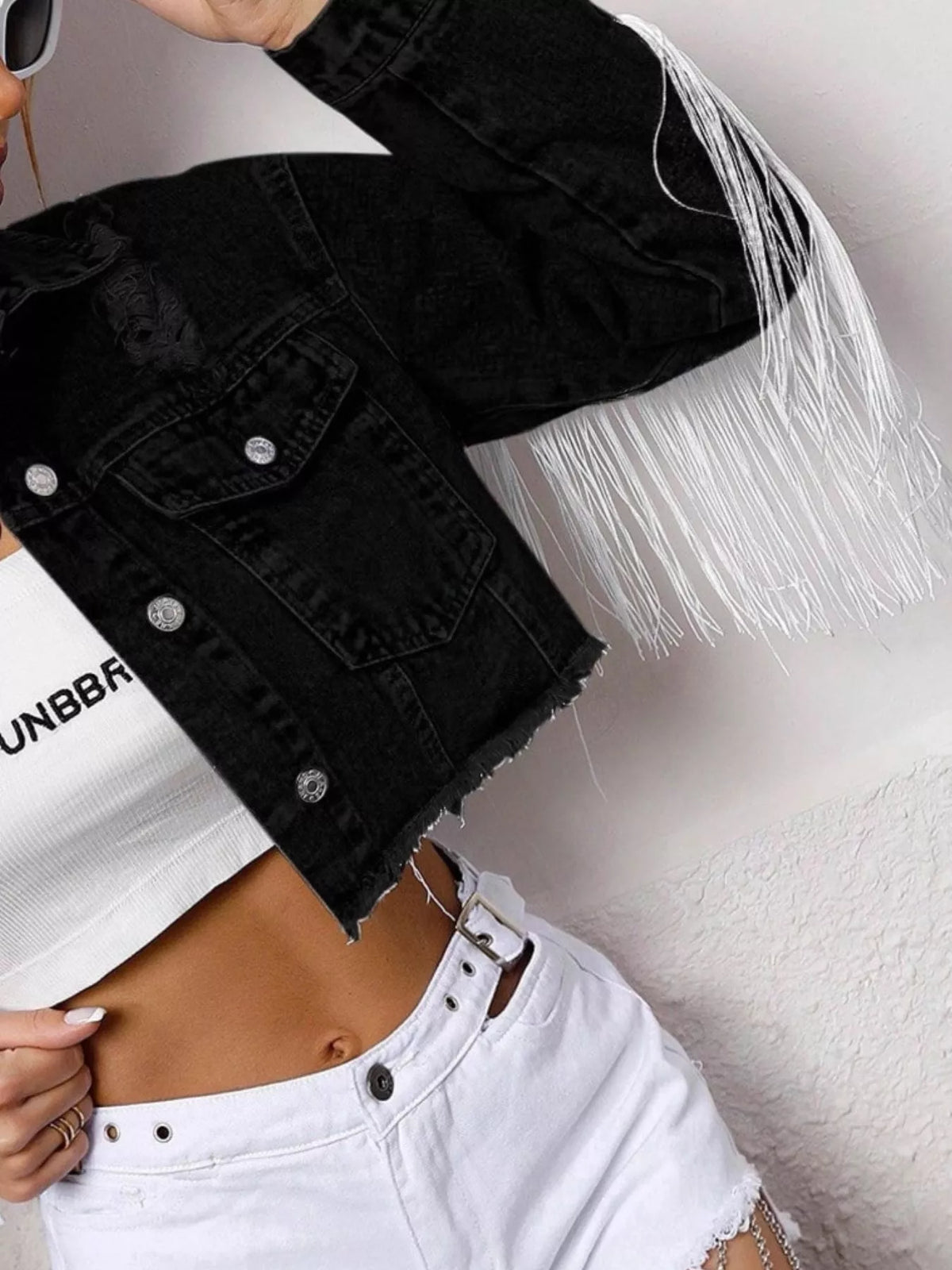Fringe Cropped Denim Jacket in Black side view
