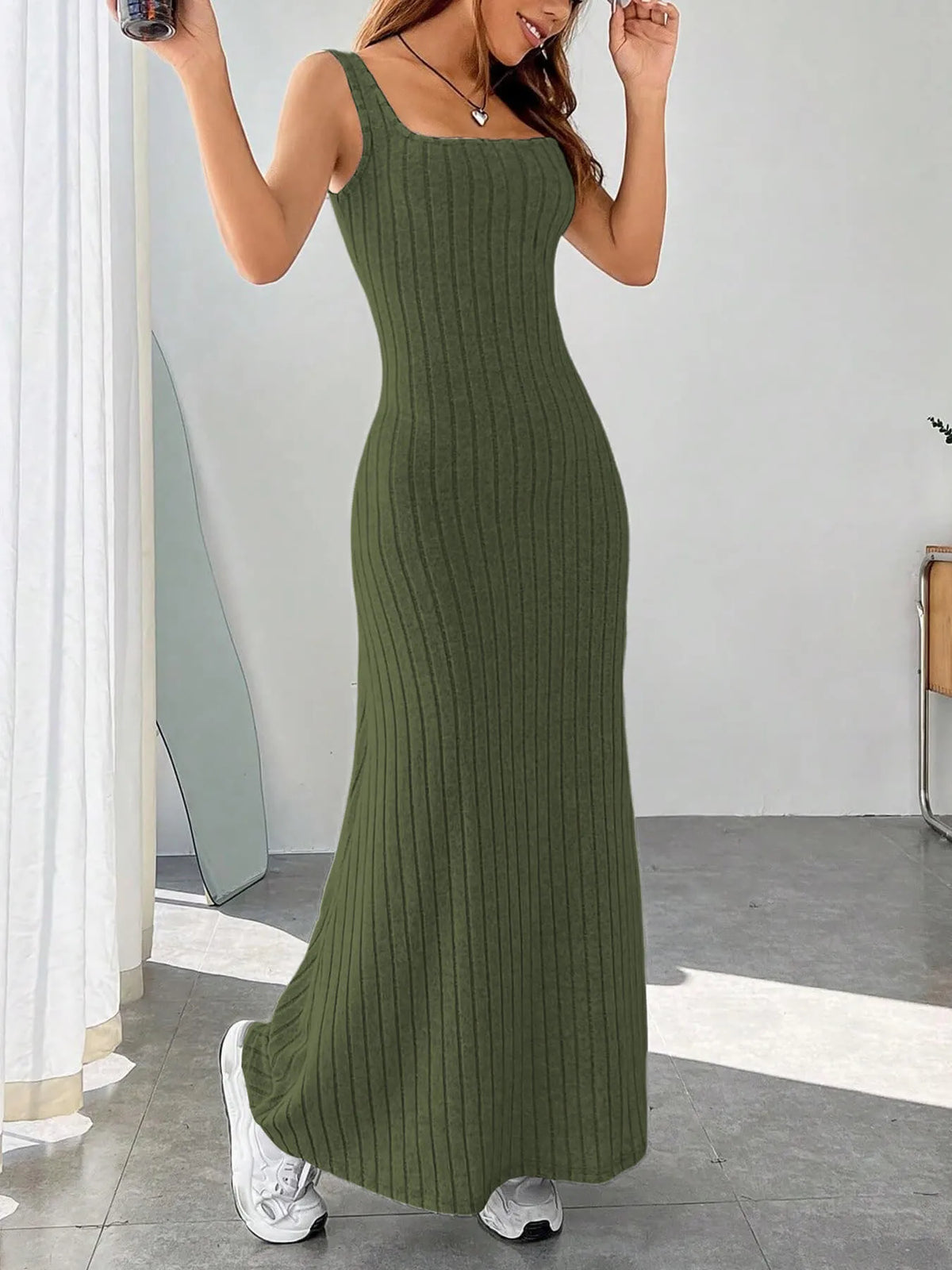 ribbed knit square neck sleeveless maxi dress close up 2