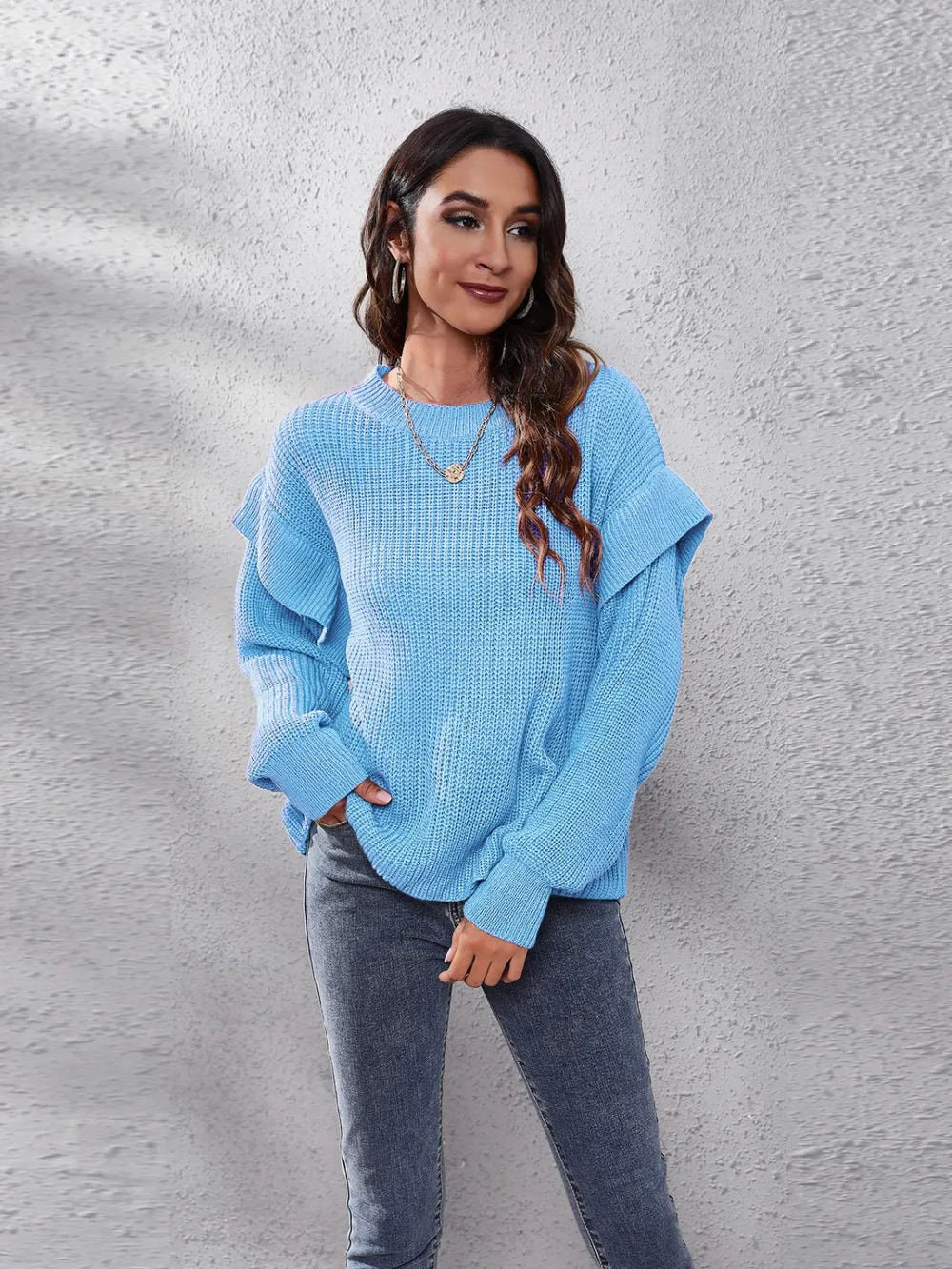 Ruffled Round Neck Dropped Shoulder Sweater Pastel Blue - Fashorio