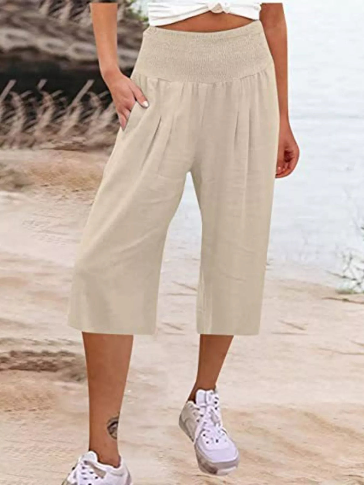 Smocked capri pants shown in white