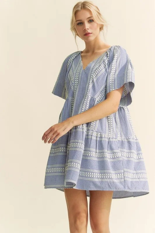 Embroidered Gingham Ruffle Mini Dress in Navy back view