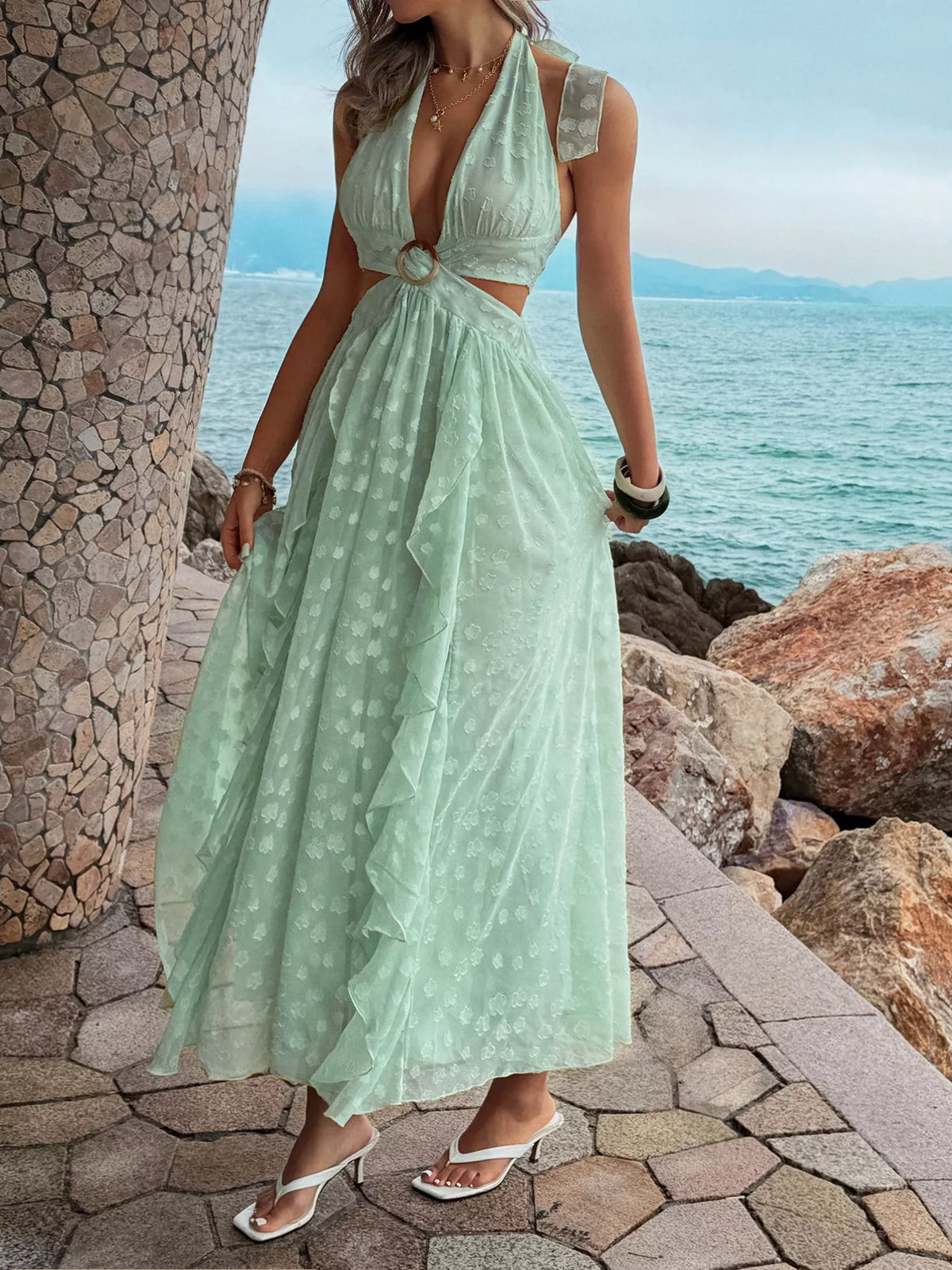 Green ruffled halter neck maxi dress back view