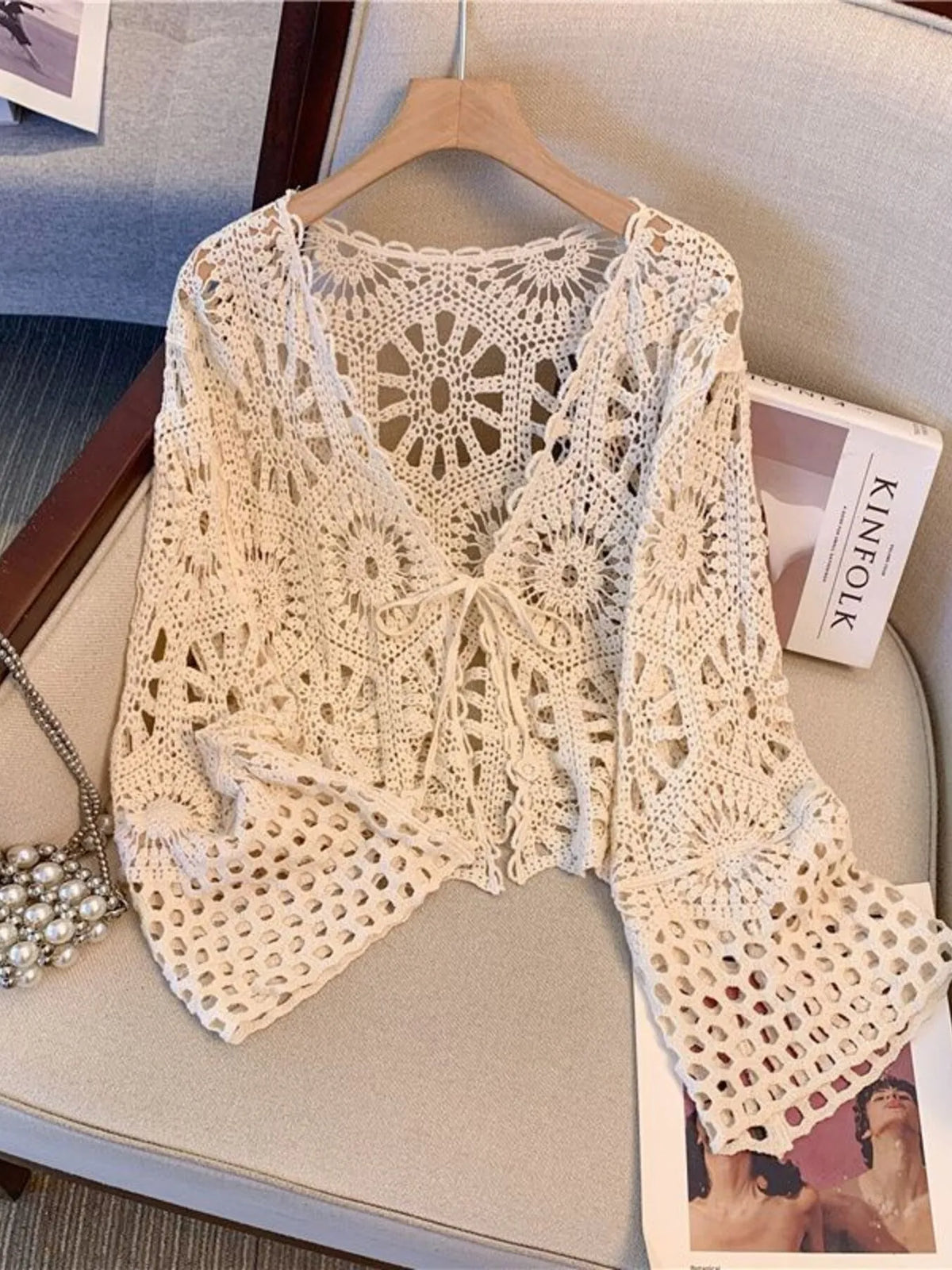 Apricot crochet tie front cardigan back view