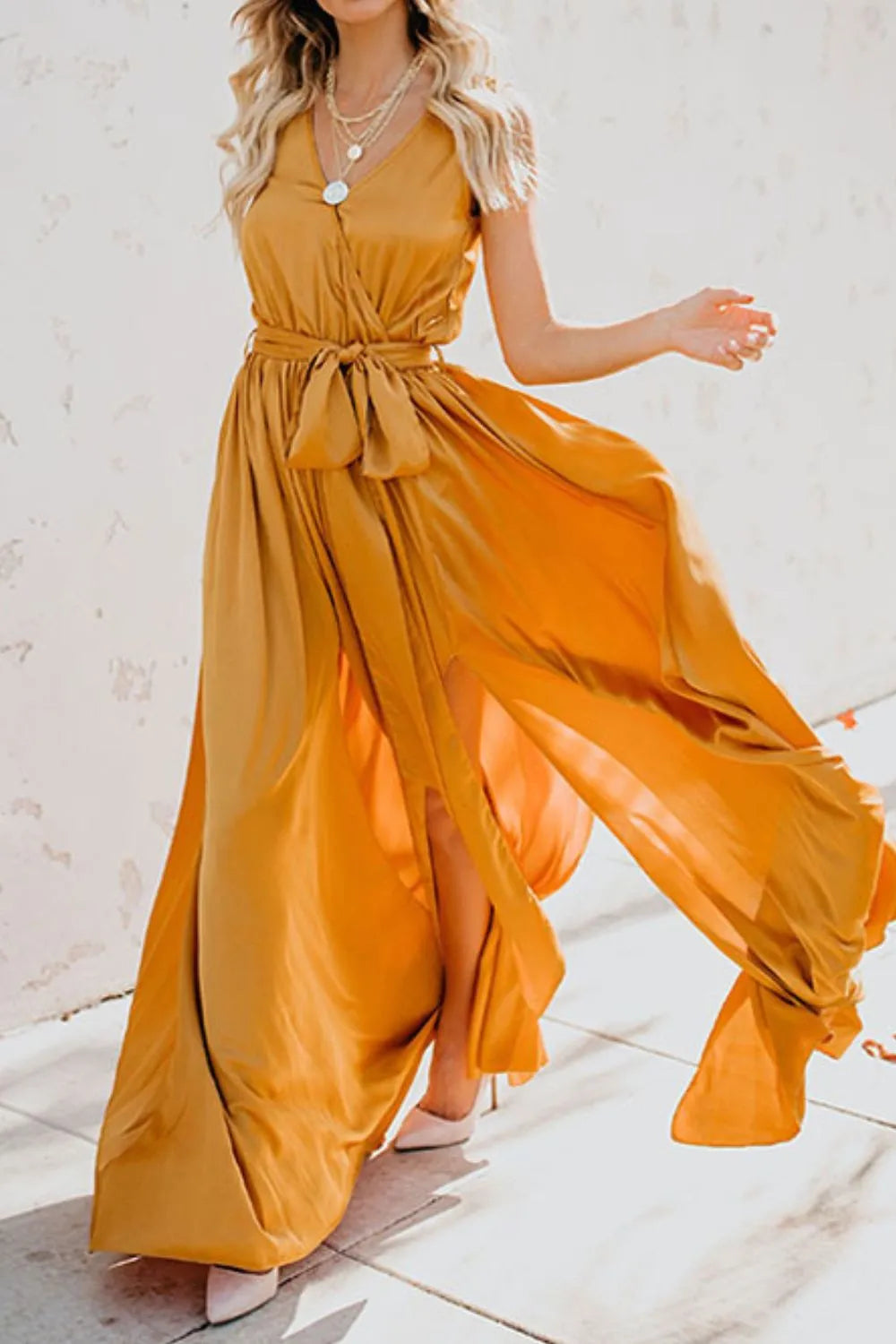 Surplice tie waist maxi dress back view