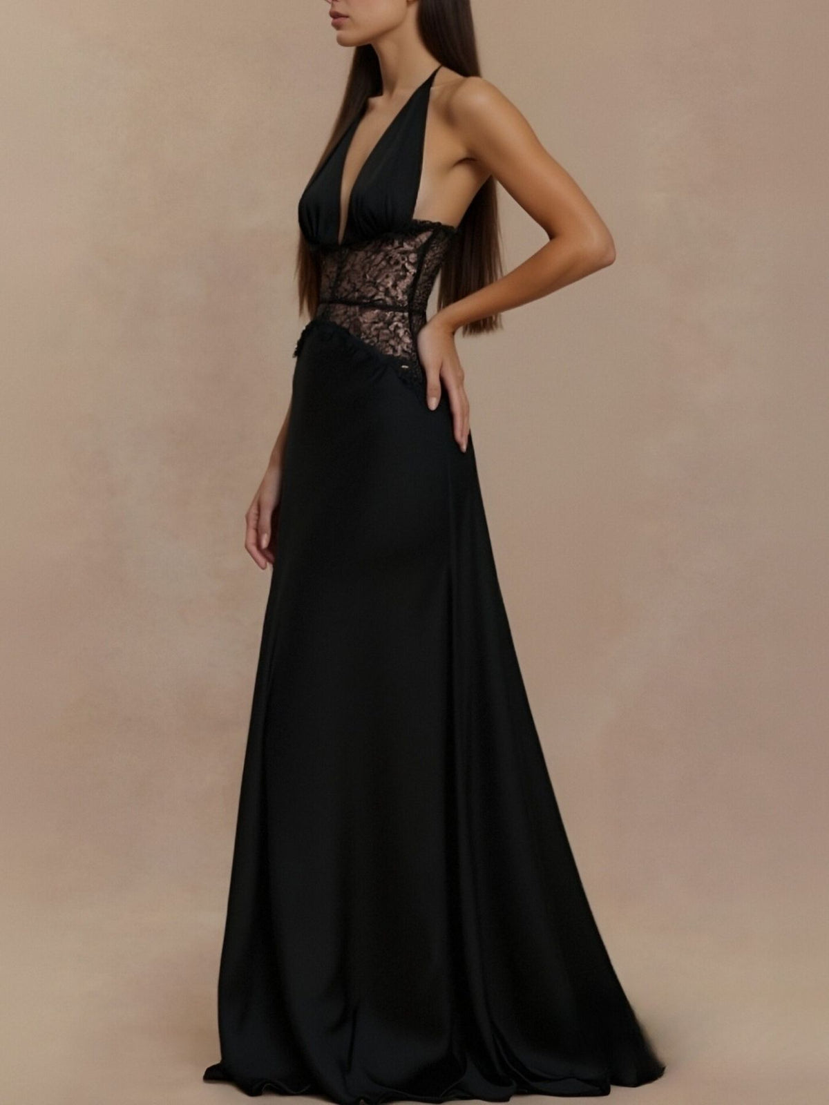 Halter neck lace trimmed maxi dress model wearing
