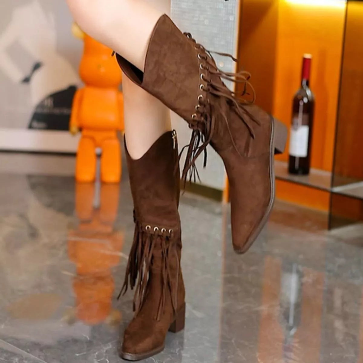 Fringed pointed toe block heel boots back heel view