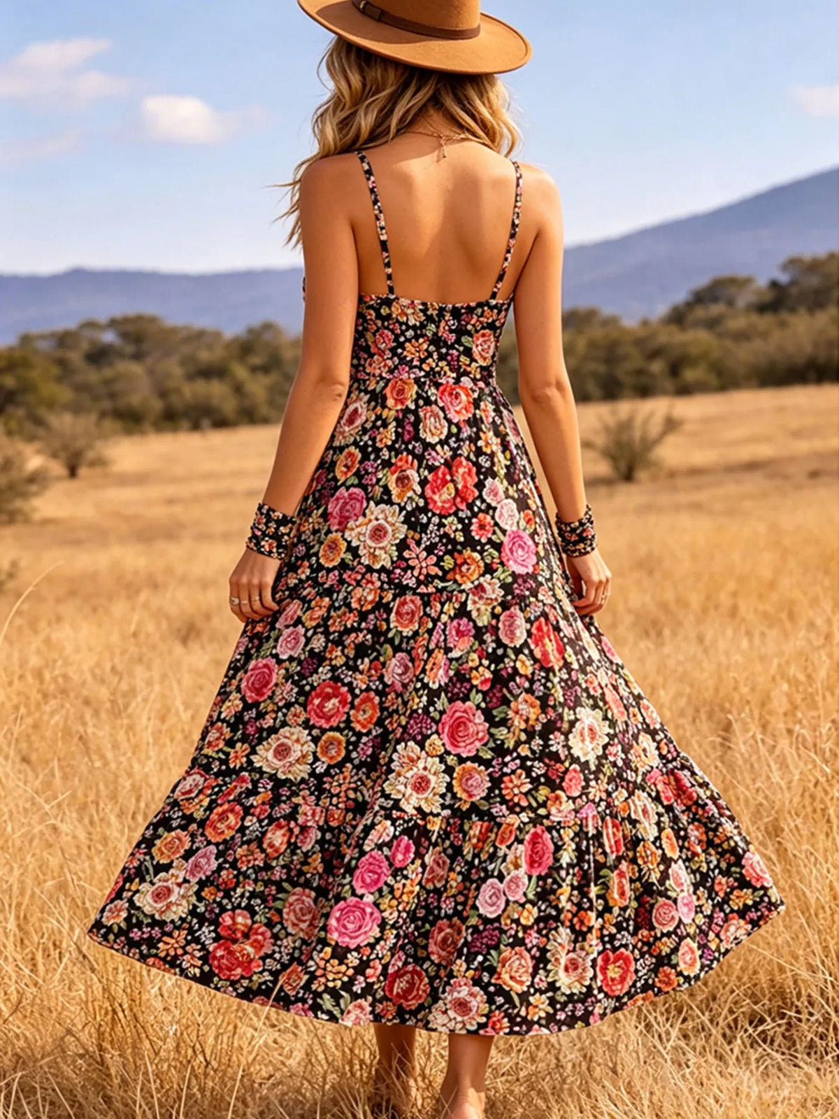Pink floral print V neck tiered midi dress close up view