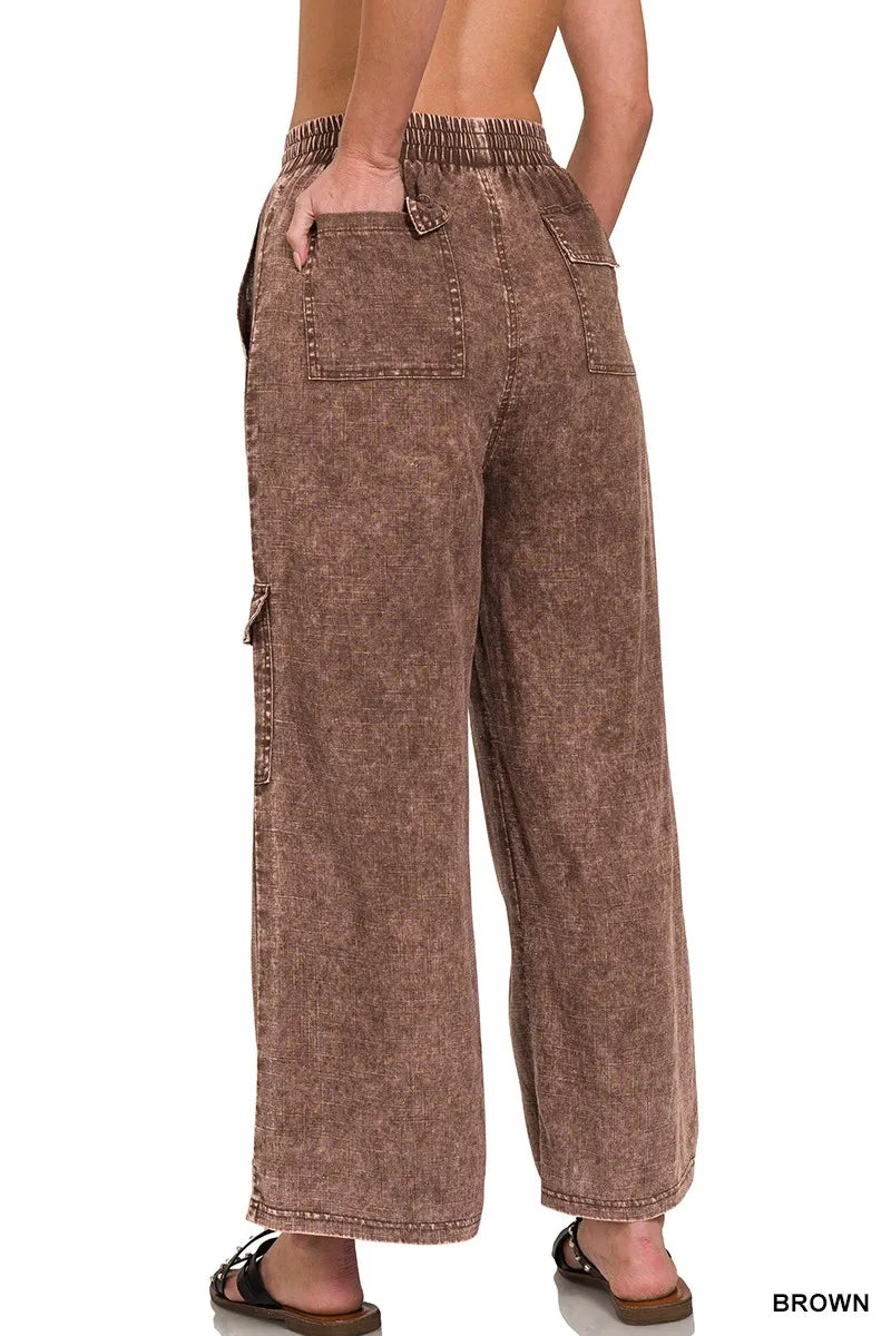 Zenana Washed Linen Elastic Band Waist Cargo Pants - Fashorio