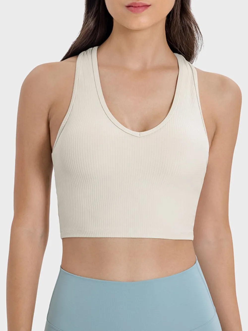 Millennia Scoop Neck Wide Strap Active Tank Beige - Fashorio