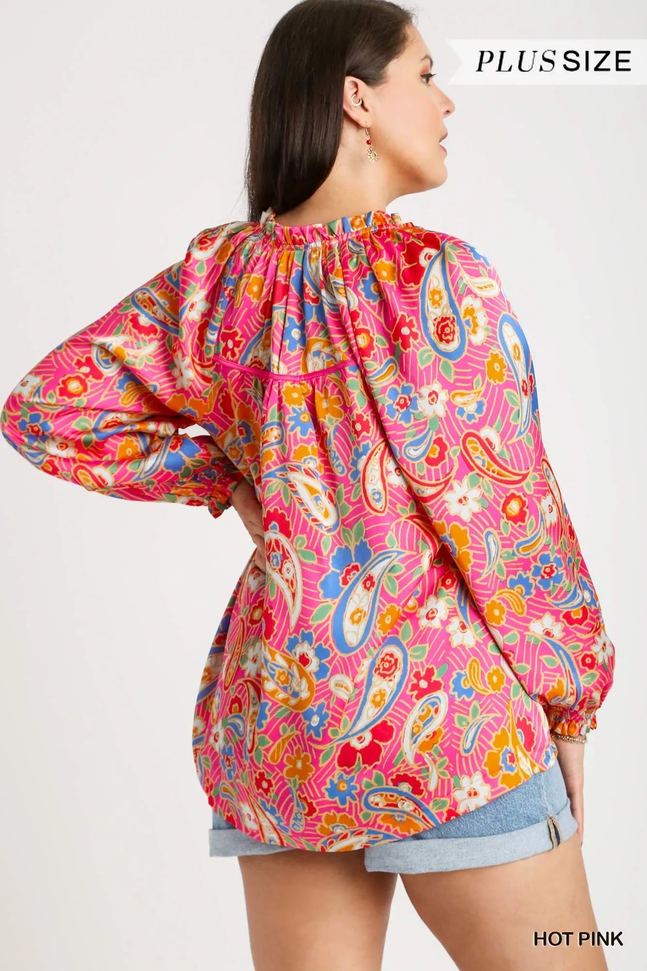 Umgee Full Size Satin Paisley Ruffle Neck Button-Up Shirt Plus Size - Fashorio
