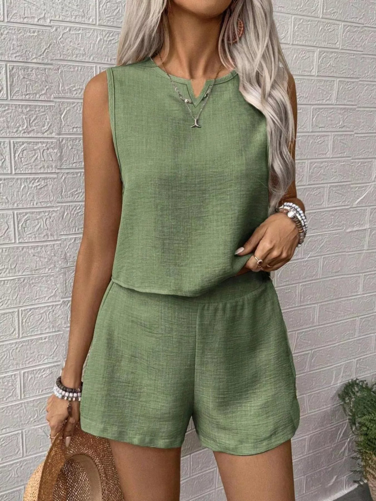 Two piece sleeveless set styled outfit