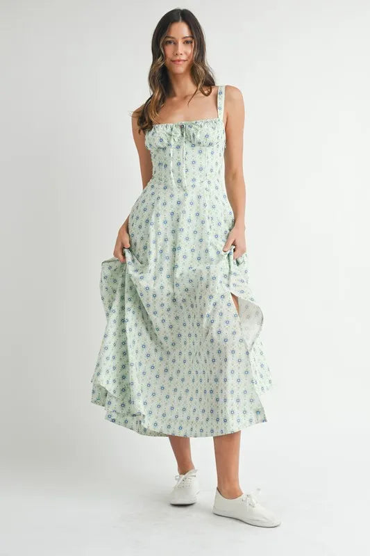Floral Print Bustier Back Lace Up Midi Dress close up