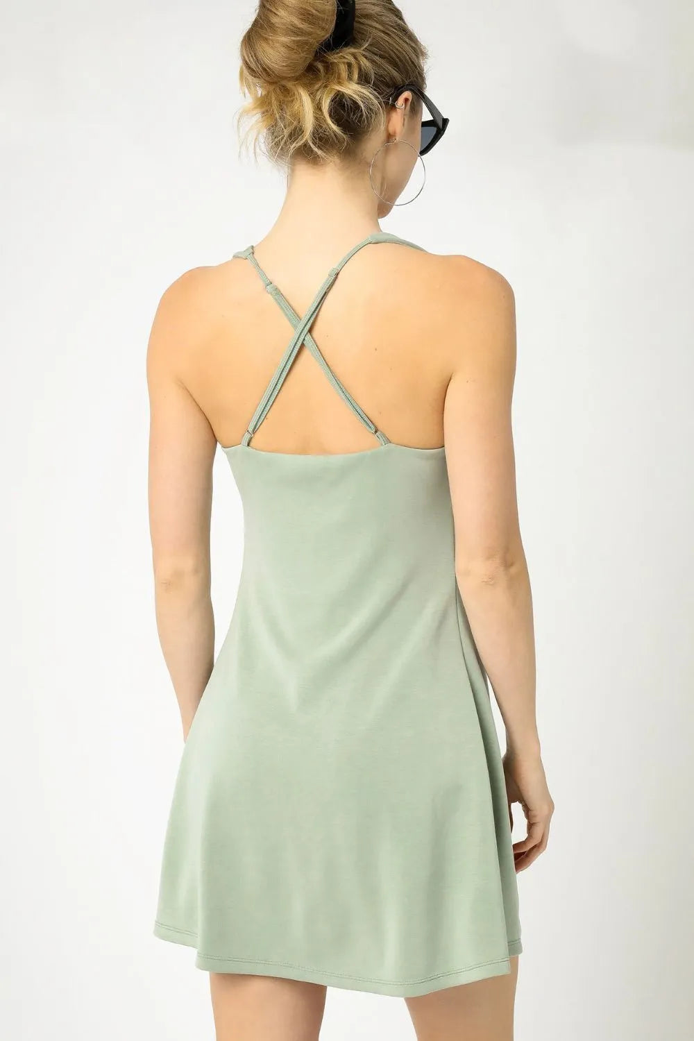 Crisscross Square Neck Active Dress in Sage back view