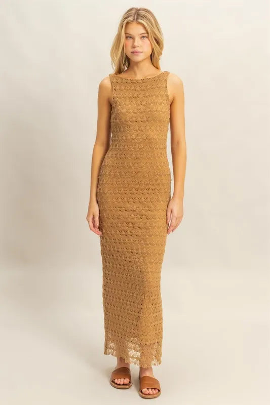 Crochet open back sleeveless maxi dress front view