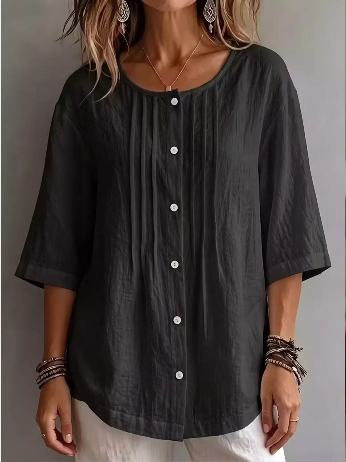 Round neck blouse with 3/4 sleeves front view