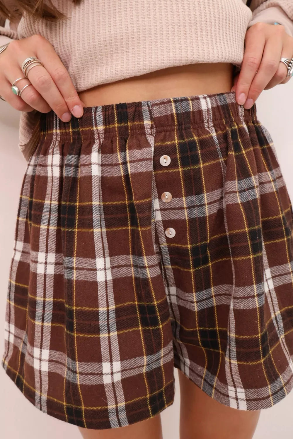 Plaid cotton blend shorts back view