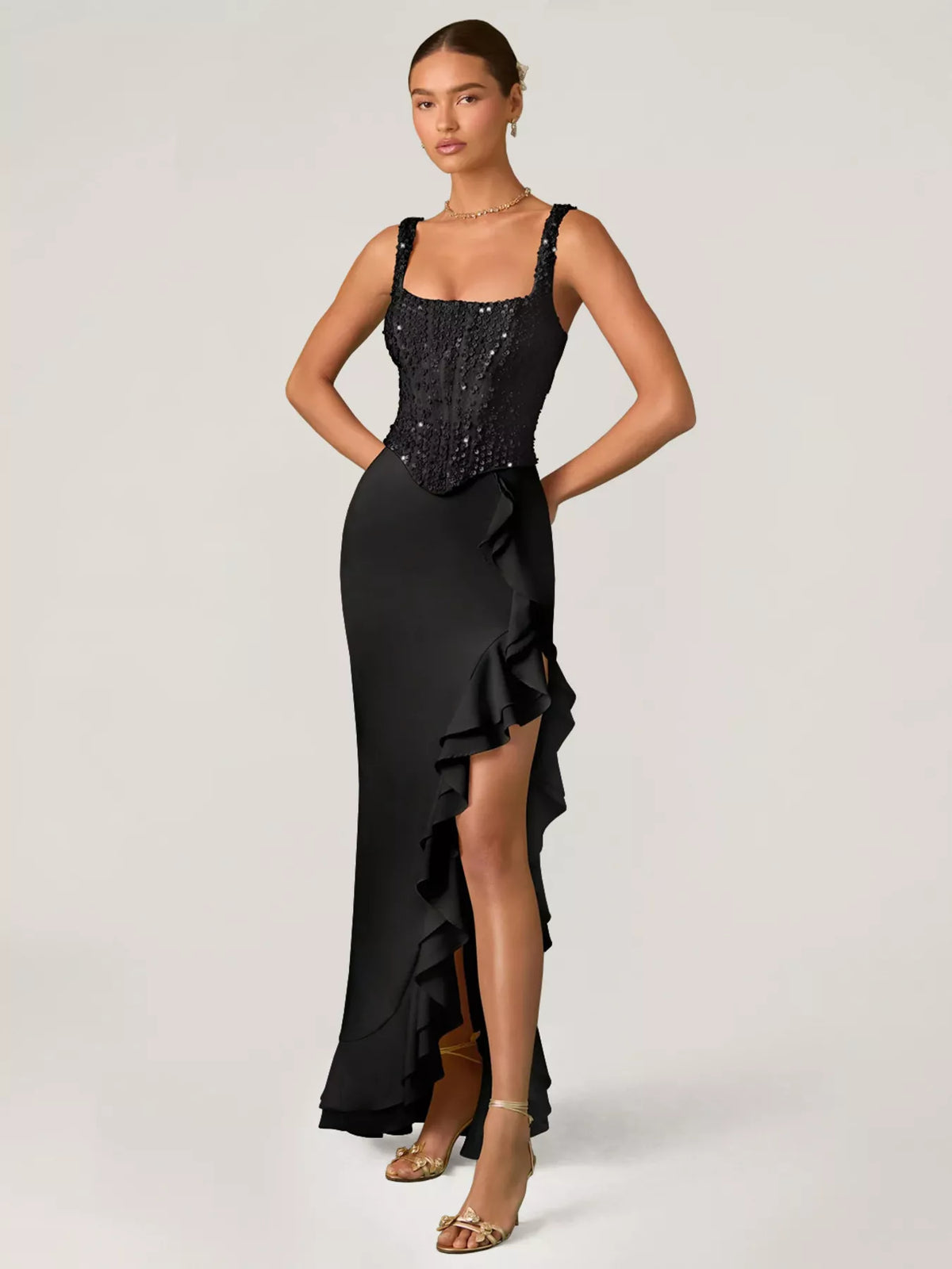 Sequin ruffle hem maxi dress, back view